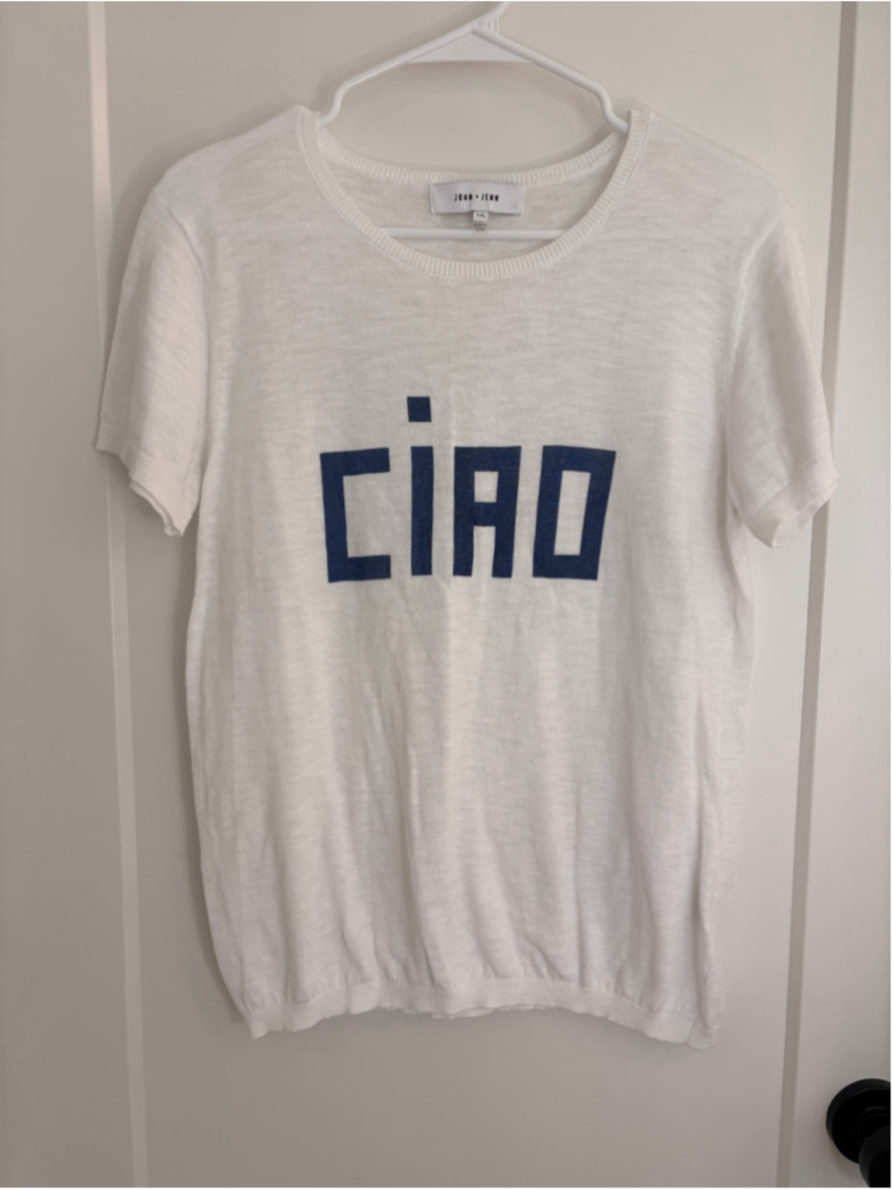 John + Jenn White “CIAO” Graphic Knit T-Shirt Size L/G - Picture 2 of 6